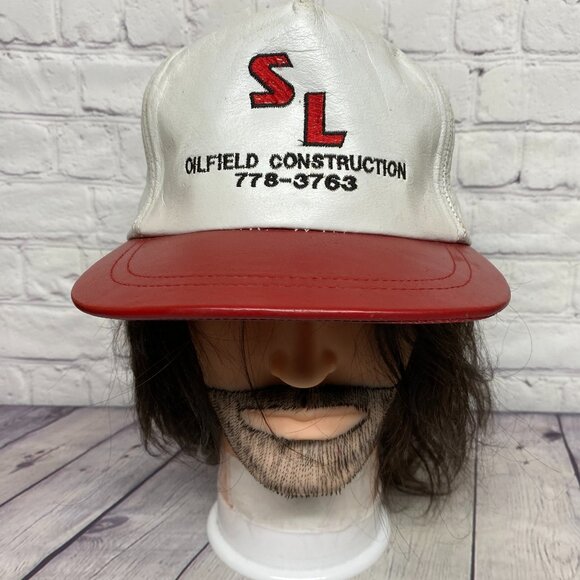 Vintage Leather Hat Strap Back White Red SL Oilfield Construction - Sweat Stains - Picture 1 of 12